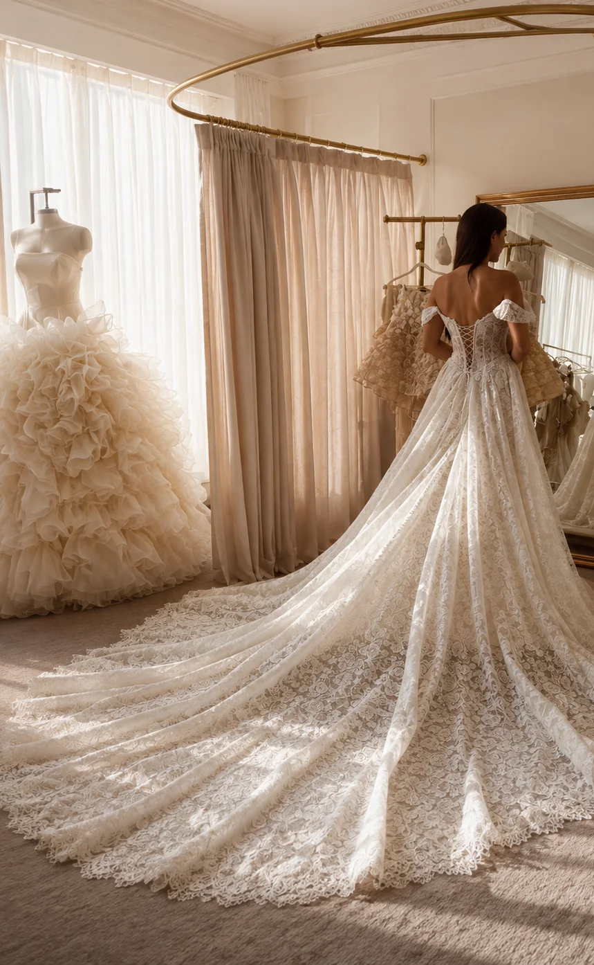 A bride viewing the train of a lace wedding dress in an elegant atelier