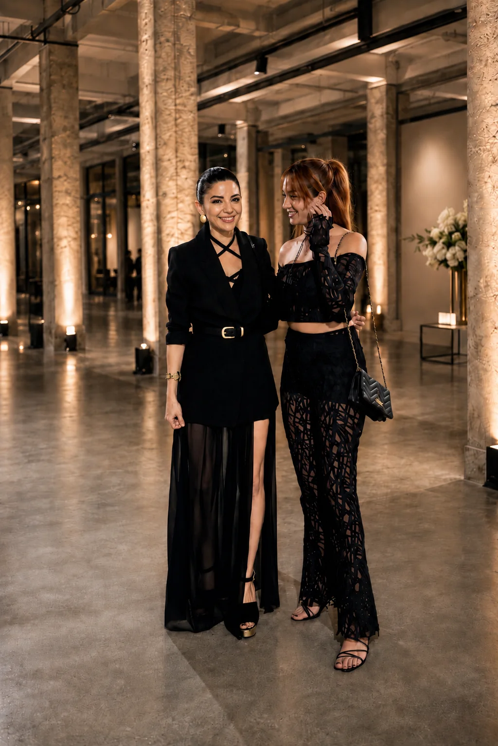 Two women in black evening looks at a fashion atelier event