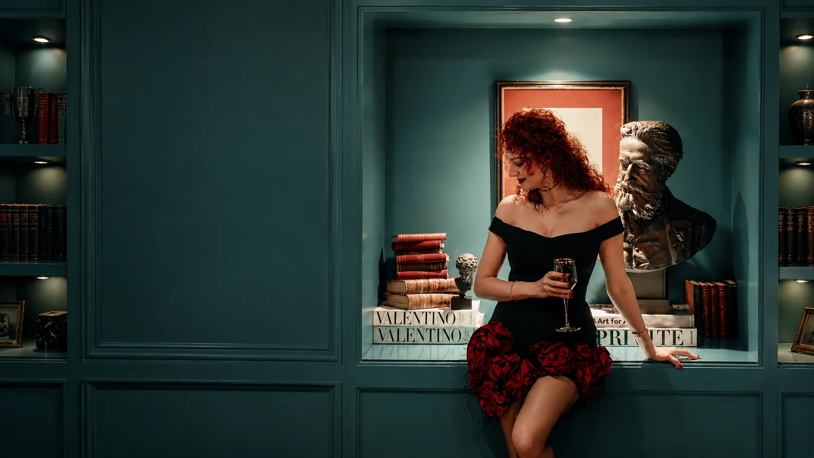 A DORDO client wearing a black and crimson sculptural dress in an editorial library interior