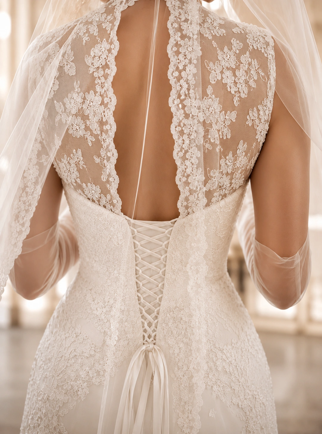 Close view of an intricately laced couture gown back