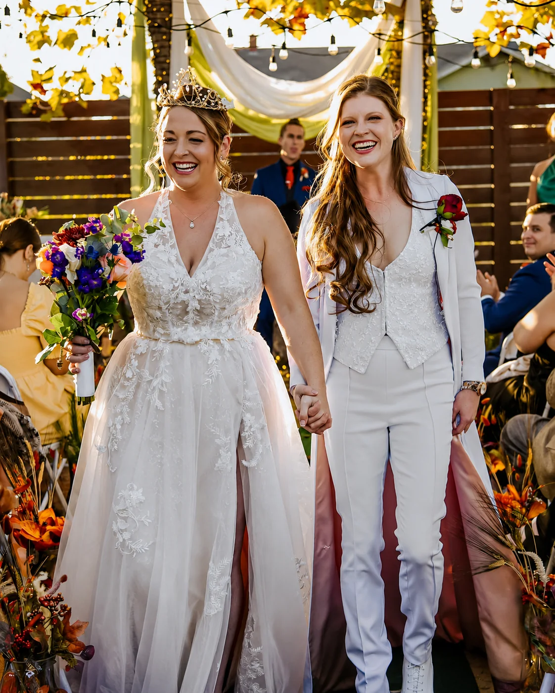 A wedding celebration featuring a flowing ivory gown