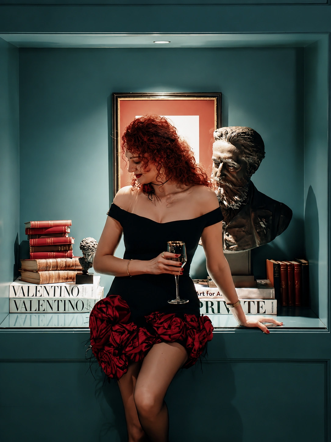 A DORDO client wearing a redesigned black and crimson rose dress